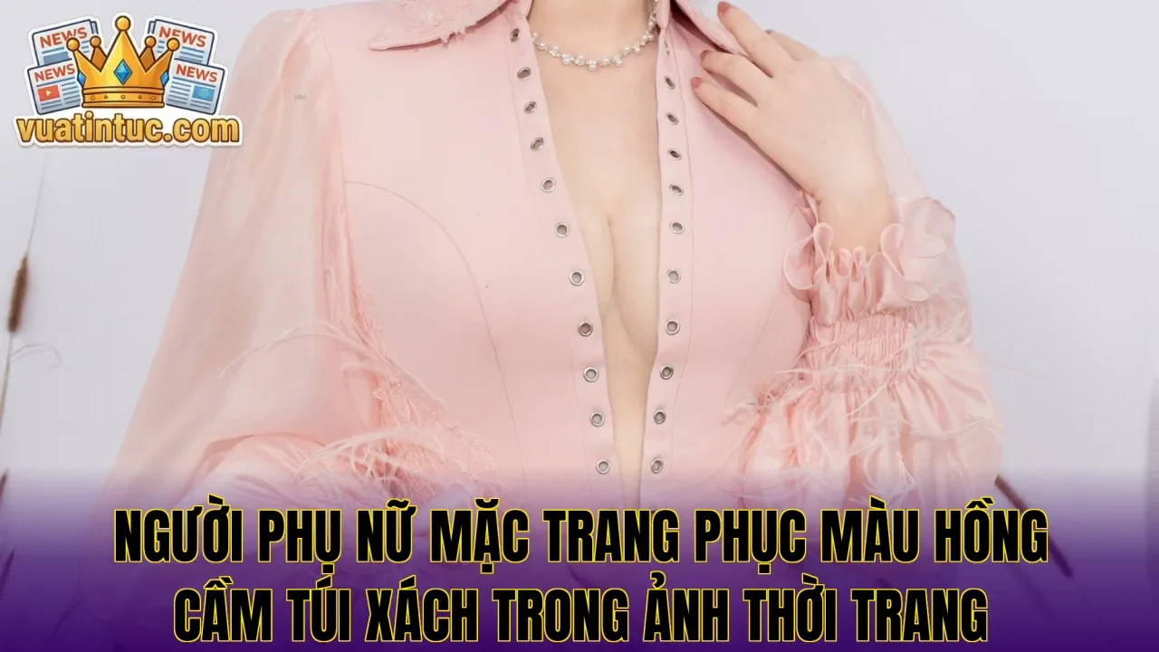 Người phụ nữ mặc trang phục màu hồng cầm túi xách trong ảnh thời trang